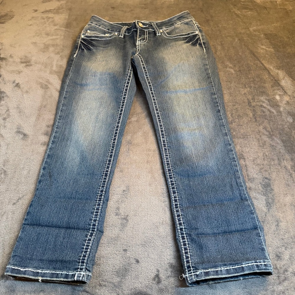YMI Jeans Juniors Size 1 Blue Wash Embellished Bootcut Denim Pants Flap‎ Pockets
